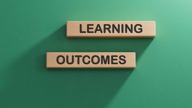 Metin öğrenme sonuçları olan tahta küpleri ve harfli tahta küpleri. Tahta küp bloklar. Alan 3D görüntülemesini yeşil arkaplana kopyala.