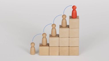Tahta küpler merdiven inşa ediyor, kişi en altta duruyor ve diğer adamlar da en üstte duruyor, farklı pozisyonlarda. Liderlik kavramı beyaz arkaplanda 3D tasvir ediliyor..