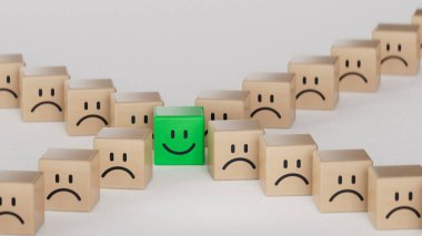 Kalabalıktan uzak dur. Gülümseyen tahta küp, normal ve üzgün yüz. Yüz ifadeleri. Beyaz arkaplanda zihinsel sağlık değerlendirmesi 3D.