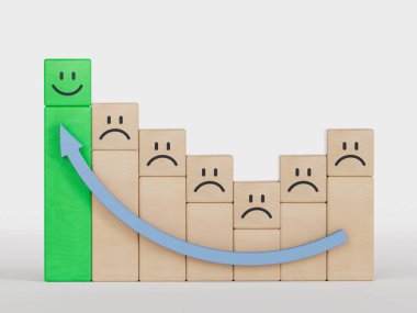 İş dünyasının yeşil lideri. Gülümseyen tahta küp, normal ve üzgün yüz. Yüz ifadeleri. Beyaz arkaplanda zihinsel sağlık değerlendirmesi 3D.