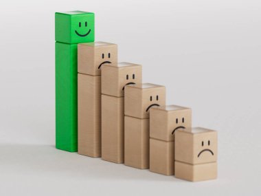 İş dünyasının yeşil lideri. Gülümseyen tahta küp, normal ve üzgün yüz. Yüz ifadeleri. Beyaz arkaplanda zihinsel sağlık değerlendirmesi 3D.