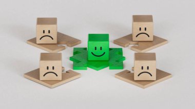 Yeşil liderlik. Gülümseyen tahta küpü, normal ve üzgün yüz. Yüz ifadeleri. Beyaz arkaplanda zihinsel sağlık değerlendirmesi 3D.