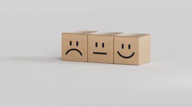Tatmin konsepti, ikon gülen suratını kapat ve tahta küpte üzgün bir yüz belirt. Yüz ifadeleri. Beyaz arkaplanda zihinsel sağlık değerlendirmesi 3D.