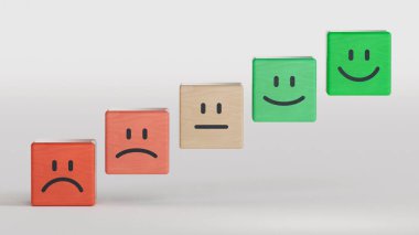 Hüzünlü ve mutlu ruh hali, değerlendirme, artış oranı, müşteri deneyimi, memnuniyet ve en iyi hizmet derecelendirme konsepti olan emoji ifadeleri. Müşteri hizmetleri değerlendirmesi. 3d hazırlayıcı.