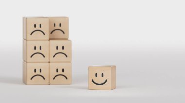 Tahta küpte gülen surat. Gülümseyen tahta küp, normal ve üzgün yüz. Yüz ifadeleri. Beyaz arkaplanda zihinsel sağlık değerlendirmesi 3D.