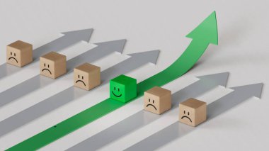 Yeşil Lider iş dünyasında. Gülümseyen tahta küpü, normal ve üzgün yüz. Yüz ifadeleri. Beyaz arkaplanda zihinsel sağlık değerlendirmesi 3D.