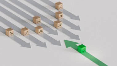 Yeşil Lider iş dünyasında. Gülümseyen tahta küpü, normal ve üzgün yüz. Yüz ifadeleri. Beyaz arkaplanda zihinsel sağlık değerlendirmesi 3D.