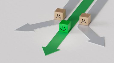 Yeşil Lider iş dünyasında. Gülümseyen tahta küpü, normal ve üzgün yüz. Yüz ifadeleri. Beyaz arkaplanda zihinsel sağlık değerlendirmesi 3D.