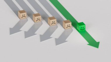 Yeşil Lider iş dünyasında. Gülümseyen tahta küpü, normal ve üzgün yüz. Yüz ifadeleri. Beyaz arkaplanda zihinsel sağlık değerlendirmesi 3D.