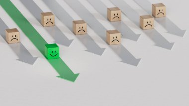 Yeşil Lider iş dünyasında. Gülümseyen tahta küpü, normal ve üzgün yüz. Yüz ifadeleri. Beyaz arkaplanda zihinsel sağlık değerlendirmesi 3D.