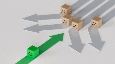 Yeşil Lider iş dünyasında. Gülümseyen tahta küpü, normal ve üzgün yüz. Yüz ifadeleri. Beyaz arkaplanda zihinsel sağlık değerlendirmesi 3D.