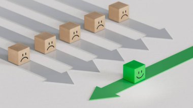 Yeşil Lider iş dünyasında. Gülümseyen tahta küpü, normal ve üzgün yüz. Yüz ifadeleri. Beyaz arkaplanda zihinsel sağlık değerlendirmesi 3D.