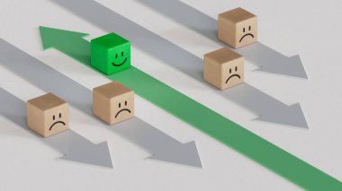 Yeşil Lider iş dünyasında. Gülümseyen tahta küpü, normal ve üzgün yüz. Yüz ifadeleri. Beyaz arkaplanda zihinsel sağlık değerlendirmesi 3D.