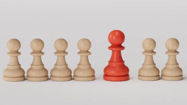 Liderlik ve sosyal uzaklık tahtadan insan figürü ya da çalışan iş ekibi. Beyaz arka planda üç boyutlu görüntüleme..