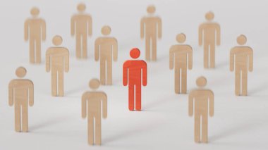 Kalabalıktan öne çıkan bir kişi ile birlikte iş ekibi liderliği, motivasyon konuşması için beyaz arka planda 3D tasviri..