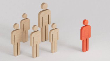 Liderlik ve sosyal uzaklık tahtadan insan figürü ya da çalışan iş ekibi. Beyaz arka planda üç boyutlu görüntüleme..