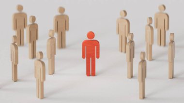 Kalabalıktan öne çıkan bir kişi ile birlikte iş ekibi liderliği, motivasyon konuşması için beyaz arka planda 3D tasviri..