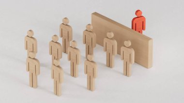 İnsanlar arasında ahşap insan modeli, liderlik kavramı beyaz arka planda canlandırılmış 3D.