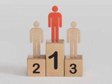 İnsanlar arasında ahşap insan modeli, liderlik kavramı beyaz arka planda canlandırılmış 3D.