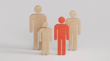 Tek çocuklu mutlu bir aile ve ahşap arka planda kalp duygusu. Tahta bebek karakteri. Beraberlik ilişkisi ve yaşam tarzı kavramı beyaz arka planda 3D görüntüleme.