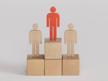 İnsanlar arasında ahşap insan modeli, liderlik kavramı beyaz arka planda canlandırılmış 3D.