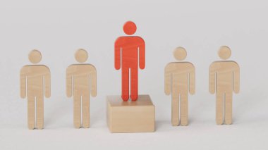 İnsanlar arasında ahşap insan modeli, liderlik kavramı beyaz arka planda canlandırılmış 3D.