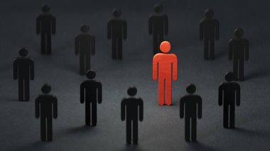 İki şirket ve bir işletme arasındaki anlaşmazlık, mavi ve kırmızılı liderlerin rekabeti, bir grup çalışanı rekabete sürüklüyor, siyah arka plandaki personel alımı 3D.