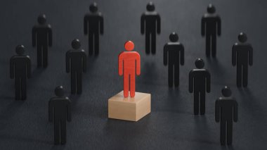 İnsanlar arasında ahşap insan modeli, Liderlik kavramı 3D siyah arka planda canlandırma.