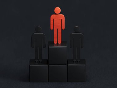 İnsanlar arasında ahşap insan modeli, Liderlik kavramı 3D siyah arka planda canlandırma.