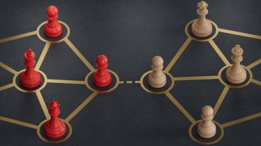 Çevrimiçi ve birbirleriyle iletişim halindeler. İnsanlar arasındaki sosyal bağlantılar. İki rakip arasındaki takım iletişimi. Siyah üzerine izole edilmiş..