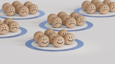 İnanılmaz altın iş takımı. Yüz ifadeleri. Duygulu ahşap halkalar. Yüz ifadeleri. Beyaz arkaplanda zihinsel sağlık değerlendirmesi 3D.