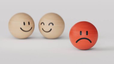 Sosyal etkileşim 3 boyutlu illüstrasyon. Duyguları olan bir arka plan. İkonlarla zorbalık kavramı. Nefret ya da mutsuzluk hissi. Beyaz arka planda üç boyutlu..