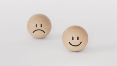 Kapalı müşteri seç gülen surat ve ahşap top, servis derecesi, tatmin konsepti beyaz arkaplan 3D renkte bulanık üzgün yüz simgesi.