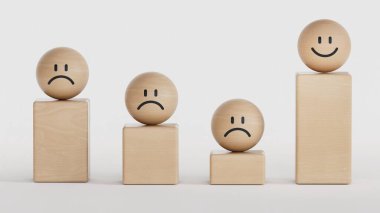 Tatmin olma seviyesini kavra. Duygulu ahşap halkalar. Yüz ifadeleri. Beyaz arkaplanda zihinsel sağlık değerlendirmesi 3D.