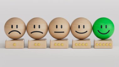 Müşteri hizmetleri değerlendirmesi ve memnuniyet araştırması konseptleri. Müşterinin eli gülen surat ikonunu ve masadaki 5 yıldızlı sembolü seçti.