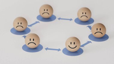 3D ağ bağlantıları. Tatmin seviyesinin görüntüsünü algıla. Duygusal ahşap çemberler. Zihinsel sağlık değerlendirmesi. Beyaz arka planda 3D..