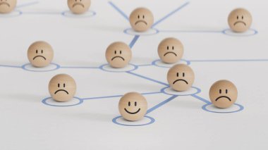 Beyaz arkaplanda izole edilmiş 3D ağ bağlantıları. Tatmin seviyesinin görüntüsünü kavra. Duygulu ahşap halkalar. Yüz ifadeleri. Ruh sağlığı değerlendirmesi.