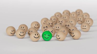 Komik ifadeler, duygusal ahşap çemberler, yüz ifadeleri. Beyaz arkaplanda zihinsel sağlık değerlendirmesi 3D.