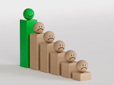 İş dünyasının yeşil lideri. Gülümseyen ahşap top, normal ve üzgün surat. Yüz ifadeleri. Beyaz arkaplanda zihinsel sağlık değerlendirmesi 3D.