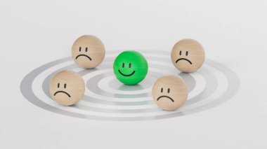 Kalabalıktan uzak dur. Gülümseyen ahşap top, normal ve üzgün yüz. Yüz ifadeleri. Beyaz arkaplanda zihinsel sağlık değerlendirmesi 3D.