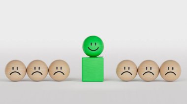 Gülen tahta top, adam toplama kavramı. Yüz ifadeleri. Beyaz arkaplanda zihinsel sağlık değerlendirmesi 3D.