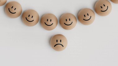 Ahşap bloklardaki mutlu gülümsemelere karşı hüzünlü bir gülümseme. Depresyon, akıl sağlığı. Güzel manzara. Yüz ifadeleri. Beyaz arkaplanda zihinsel sağlık değerlendirmesi 3D.
