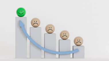 Memnuniyet ve iş büyüme süreci ve ekonomik gelişme kavramı. Duygu, duygu ahşap toplar ve ahşap top blokları ile karşılaşıyor. Beyaz arkaplanda kopya alanı olan basamaklar, asgari biçim.
