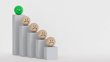 Memnuniyet ve iş büyüme süreci ve ekonomik gelişme kavramı. Duygu, duygu ahşap toplar ve ahşap top blokları ile karşılaşıyor. Beyaz arkaplanda kopya alanı olan basamaklar, asgari biçim.
