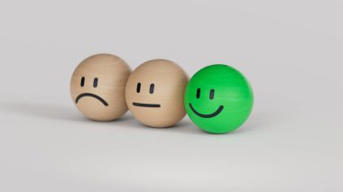 Memnuniyet konsepti, ikon gülen suratını kapat ve ahşap yuvarlak yüz ifadelerinde üzgün yüz ifadelerini bulanıklaştır. Beyaz arkaplanda zihinsel sağlık değerlendirmesi 3D.