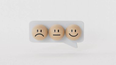 Konuşma balonunda üzgün ve mutlu ruh hali, değerlendirme, artış oranı, müşteri deneyimi, memnuniyet ve en iyi hizmet derecelendirme konsepti 3D.