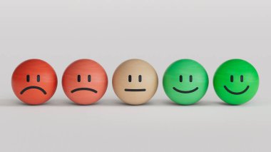 Hüzünlü ve mutlu ruh hali, değerlendirme, artış oranı, müşteri deneyimi, memnuniyet ve en iyi hizmet derecelendirme konsepti olan emoji ifadeleri. Müşteri hizmetleri değerlendirmesi. 3d hazırlayıcı.