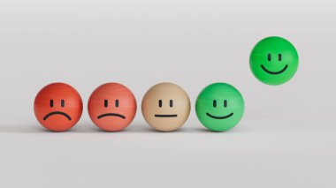 Hüzünlü ve mutlu ruh hali, değerlendirme, artış oranı, müşteri deneyimi, memnuniyet ve en iyi hizmet derecelendirme konsepti olan emoji ifadeleri. Müşteri hizmetleri değerlendirmesi. 3d hazırlayıcı.