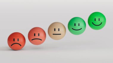 Hüzünlü ve mutlu ruh hali, değerlendirme, artış oranı, müşteri deneyimi, memnuniyet ve en iyi hizmet derecelendirme konsepti olan emoji ifadeleri. Müşteri hizmetleri değerlendirmesi. 3d hazırlayıcı.