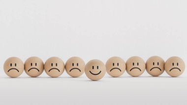 Üzgün yüzün önündeki tahta blok topuna gülümse. Yüz ifadeleri. Beyaz arkaplanda zihinsel sağlık değerlendirmesi 3D.